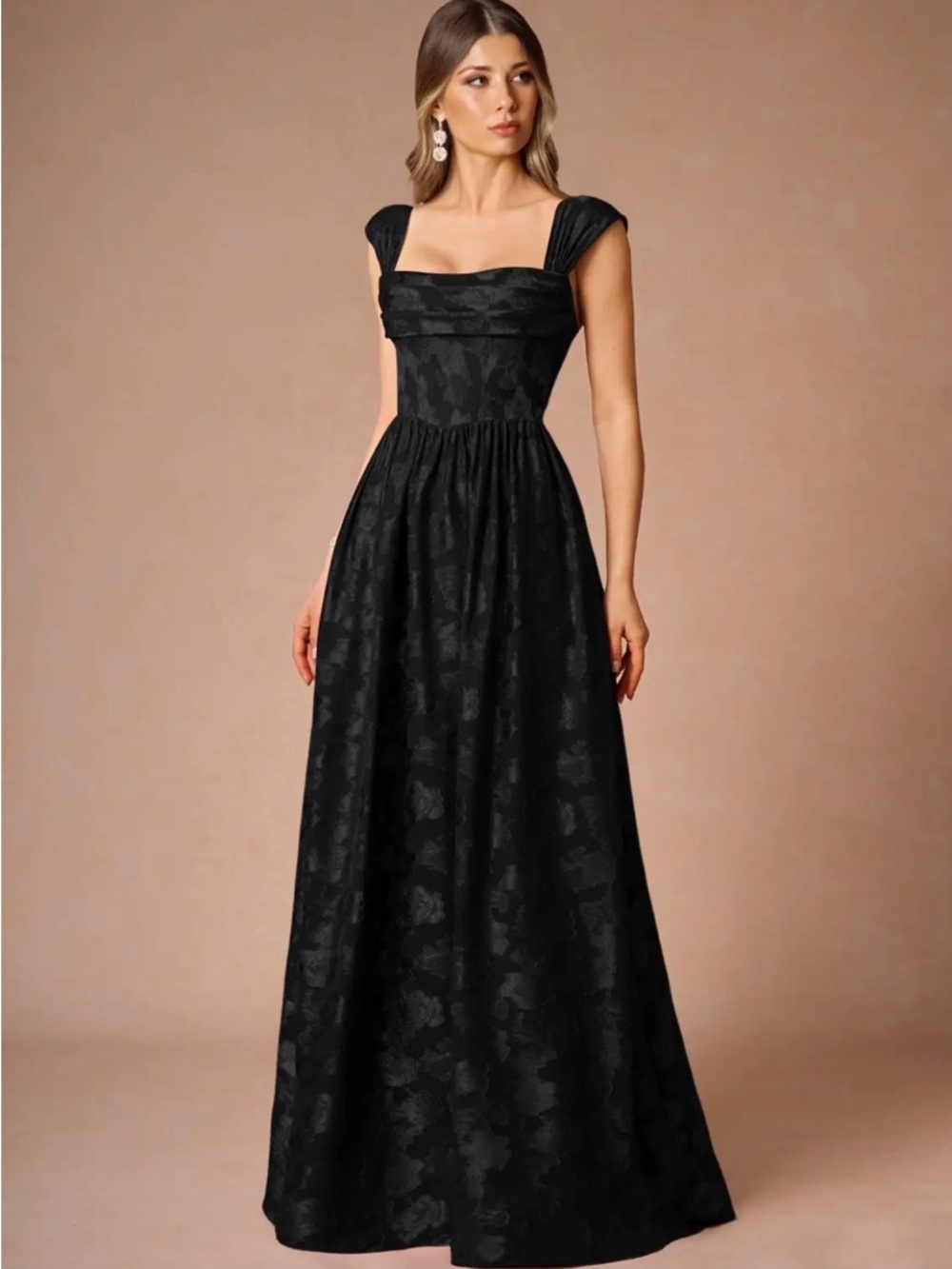 Azazie Black Floral Jacquard Square-Neck Maxi Gown